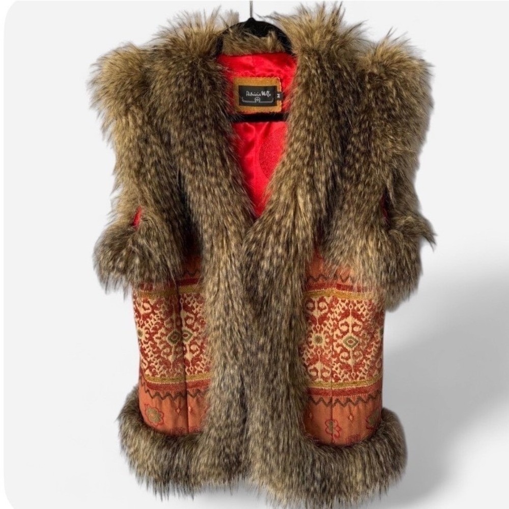 Patricia Wolf Tapestry Vest Orange Faux Fur Trim Southwestern Festival Medium